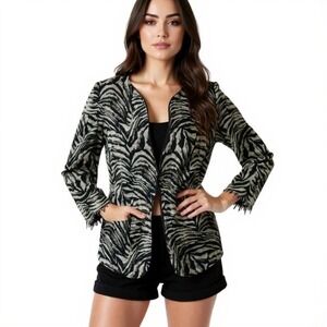 Animal Print Double Zip Collarless Blazer Womens Large /‎ XL Fringe Cuff